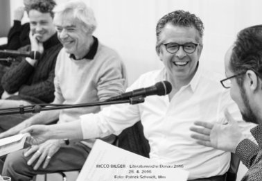 Ricco Bilger mit seinem Autor Roger Monnerat bei der "Literaturwoche Donau 2016" zu Gast. Foto: Patrick Schmidt, Ulm